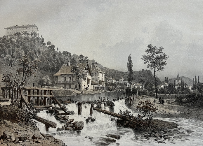 la_rochette_france_antique_lithograph_1864_benoist_savoy_river_view_savoie