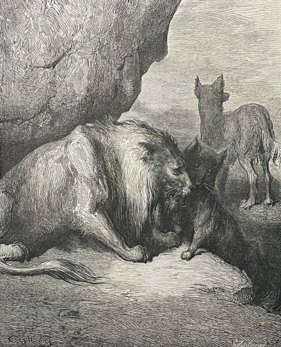 le_lion_le_loup_et_le_renard_gustave_dore_xylographie_fable_de_la_fontaine_1868
