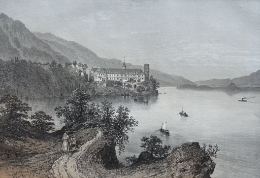 antique_engraving_haute-combe_abbey_lake_bourget_france_1864_benoist_savoie