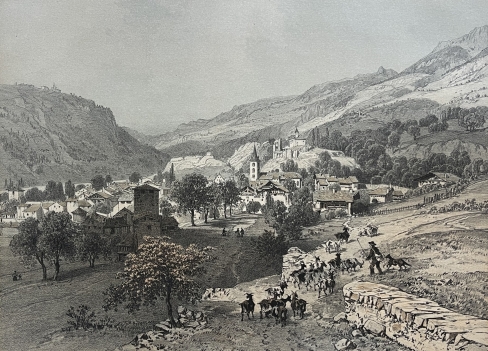 aime_savoie_antique_lithograph_1864_felix_benoist_french_alps_village_landscape