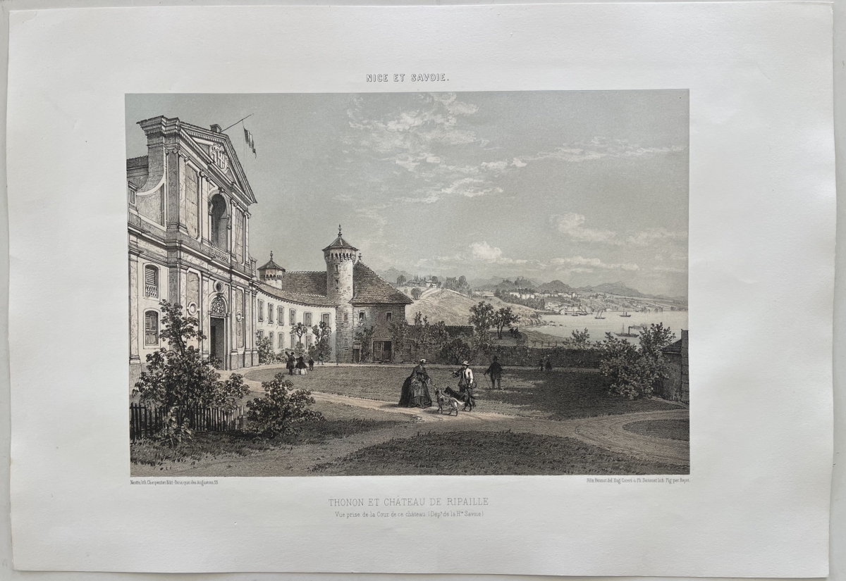 antique_1864_thonon_ripaille_castle_lithograph_haute_savoie_france_alpine