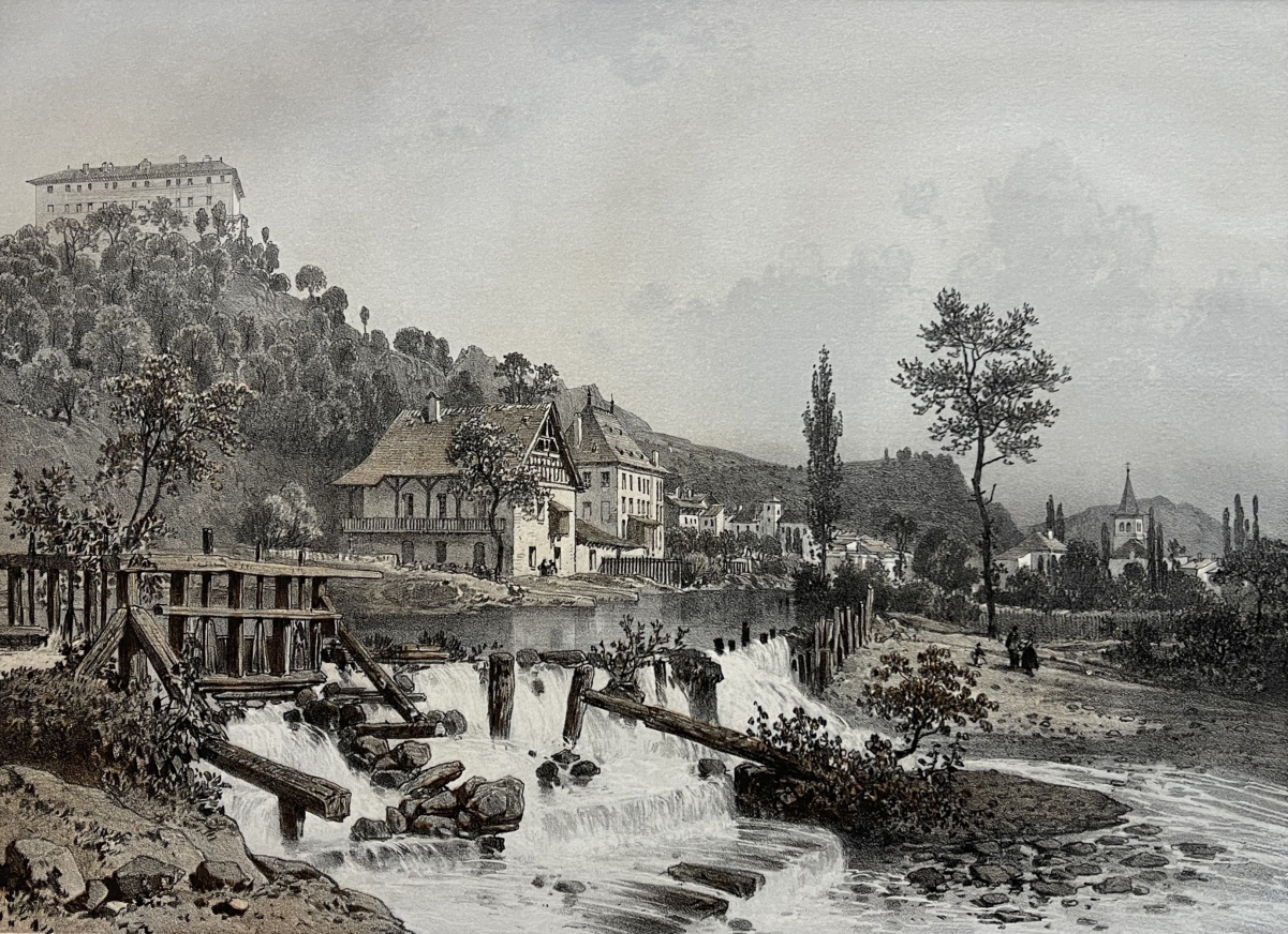 la_rochette_france_antique_lithograph_1864_benoist_savoy_river_view_savoie