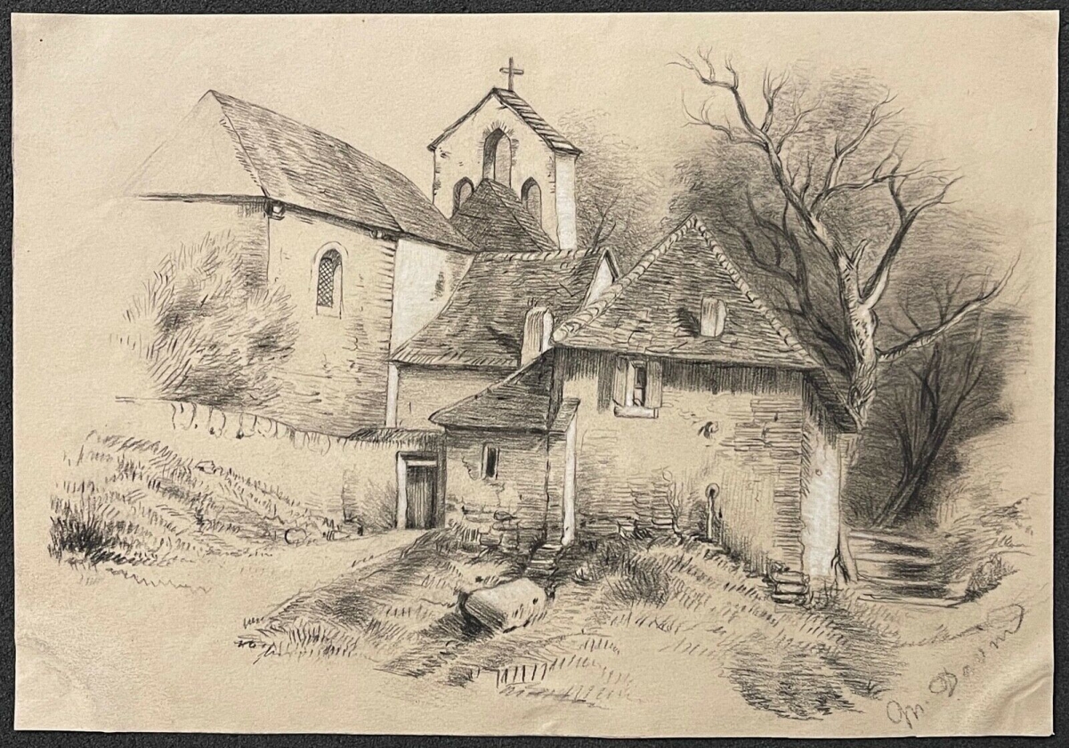 chapelle_romane_isere_vers_1860_fusain_signe_davin_ferdinand_vers_1860
