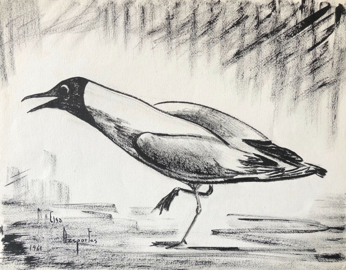 pie_bavarde_encre_signee_elsa_desportes_peintre_animalier_1961_oiseau