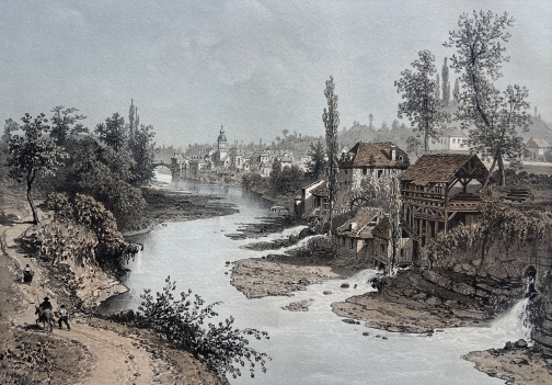 antique_engraving_pont_beauvoisin_france_alps_1864_benoist_river_savoie