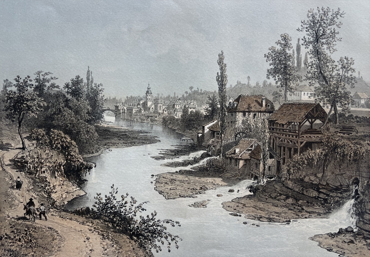 antique_engraving_pont_beauvoisin_france_alps_1864_benoist_river_savoie