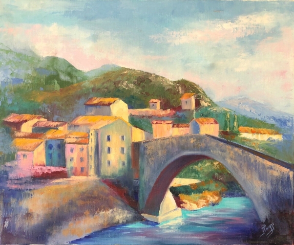 nyons_le_pont_peinture_sur_toile_signee_illisible_auvergnes-rhone-alpes