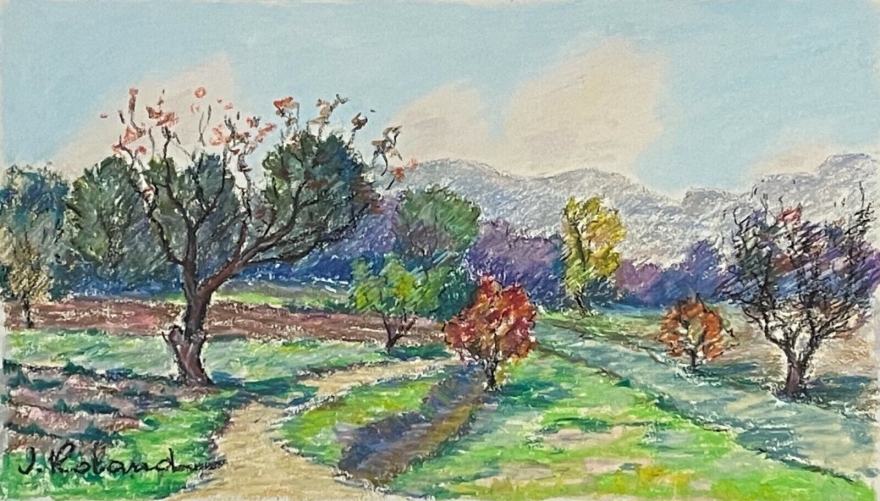 st_pierre_les_aubagne_provence_paysage_pastel_gouache_xxe_signe_j_roland_france
