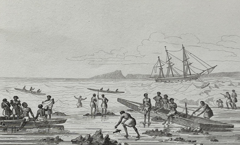 tonga_engraving_1836_native_canoes_sailing_through_coral_reefs_pacific