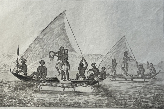 caroline_islands_micronesia_1836_original_antique_engraving_native_sailing_canoe