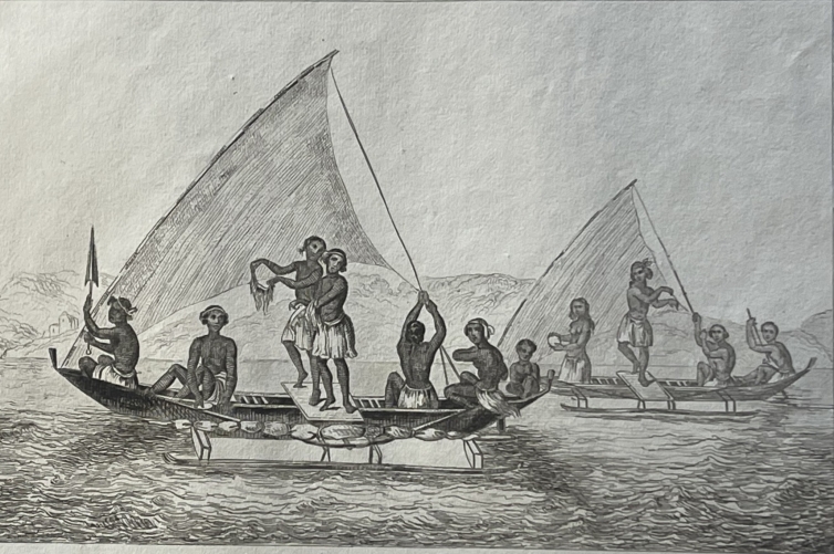 caroline_islands_micronesia_1836_original_antique_engraving_native_sailing_canoe