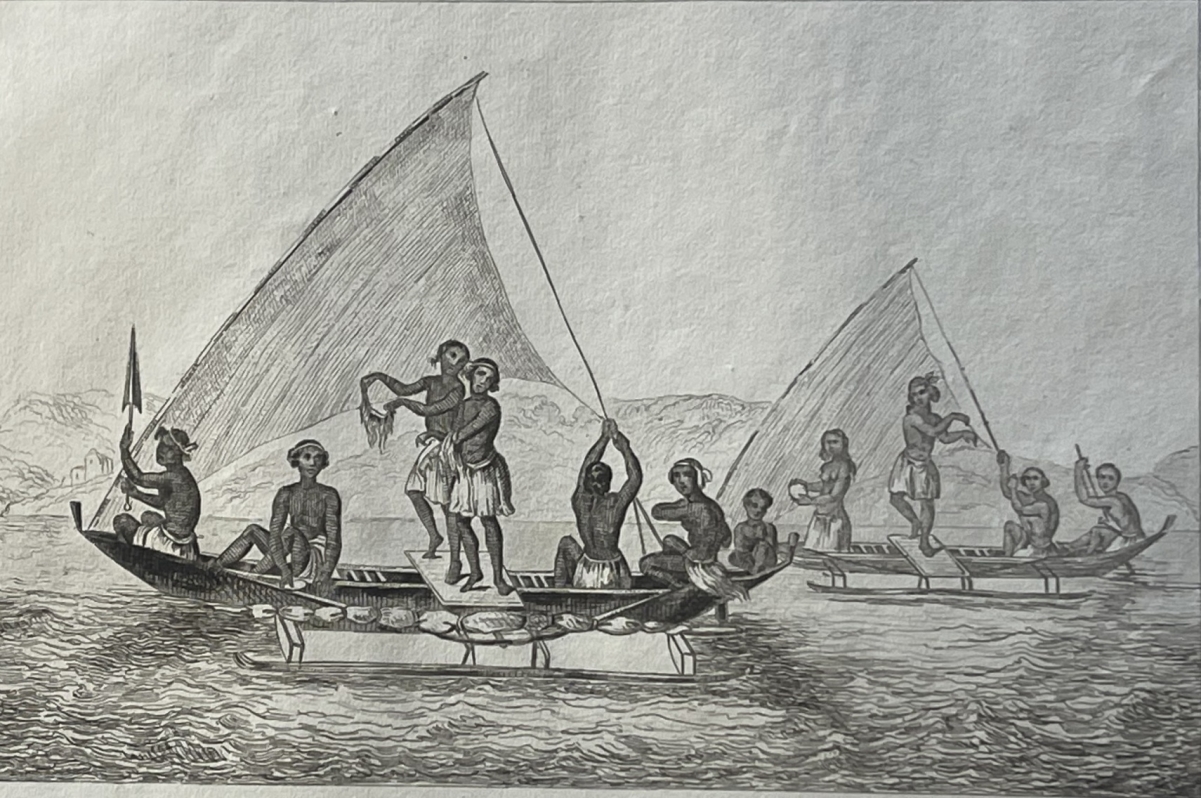 caroline_islands_micronesia_1836_original_antique_engraving_native_sailing_canoe