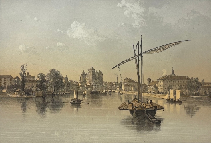 annecy_lac_vue_generale_1864_lithographie_felix_benoist_savoie_bateaux_alpes