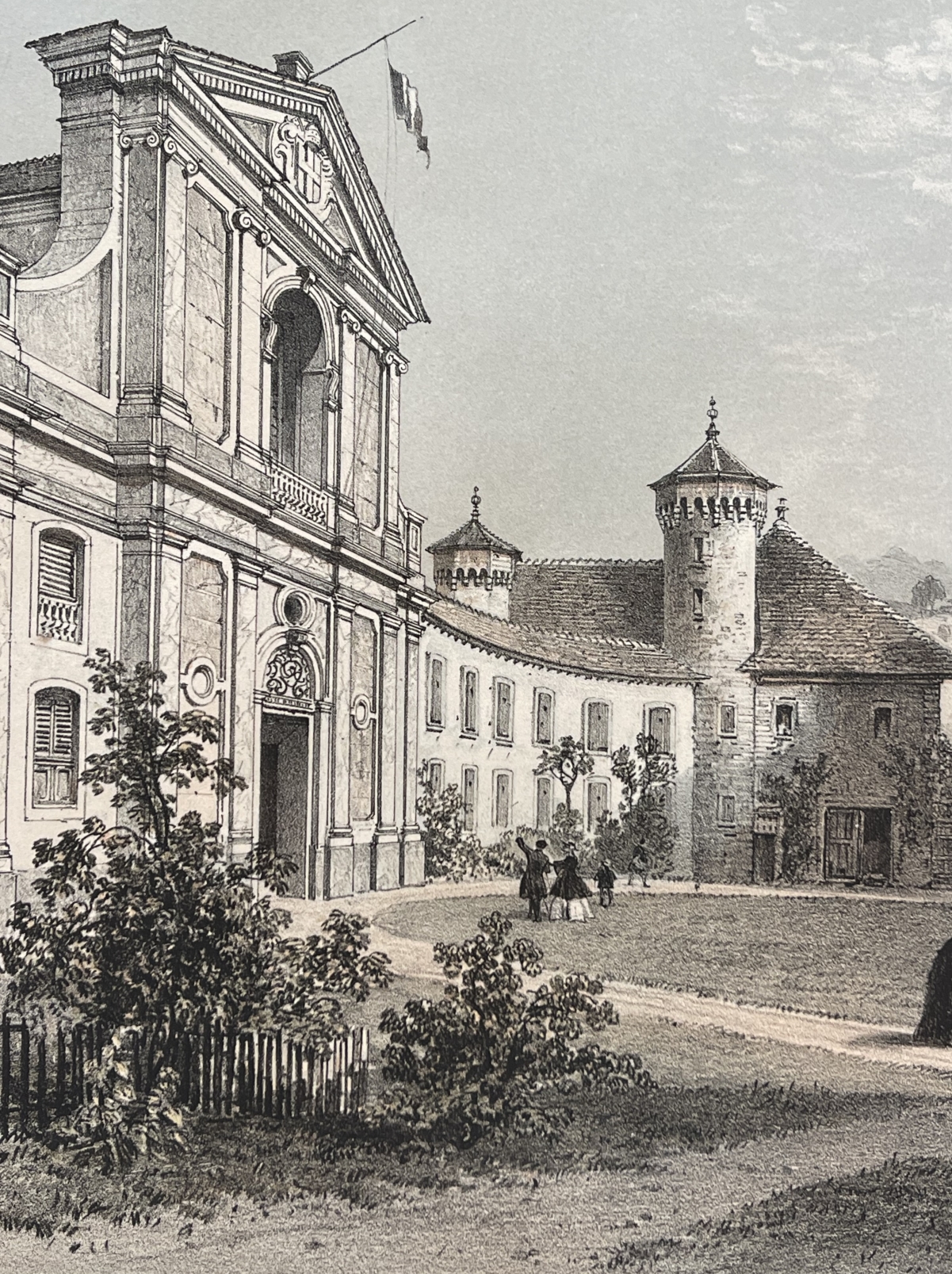 antique_1864_thonon_ripaille_castle_lithograph_haute_savoie_france_alpine