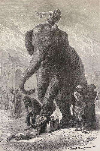 inde_condamne_execute_par_un_elephant_a_baroda_gravure_en_xylographie_1877