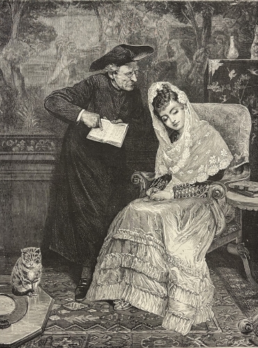 le_livre_defendu_jeune_fille_cure_mantille_chat_estampe_xylographie_c_1885
