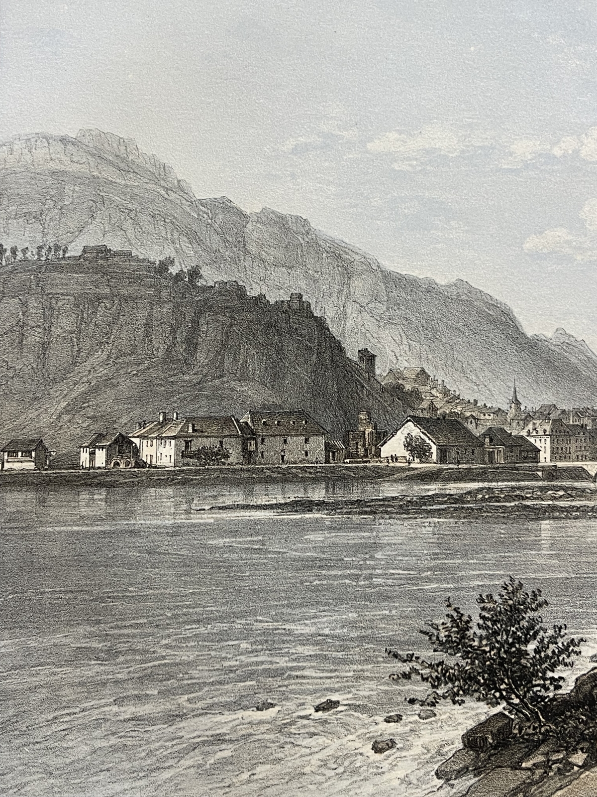 montmelian_france_antique_lithograph_1864_felix_benoist_savoy_alps_river_savoie