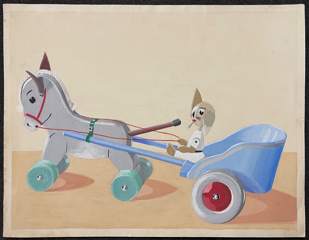 jouet_en_attelage_cheval_et_chat_gouache_anonyme_vers_1970_enfant