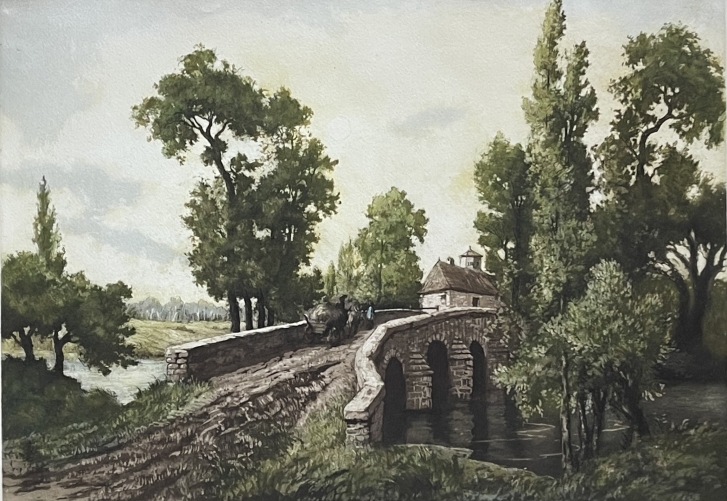 old_stone_bridge_village_campanile_original_color_etching_signed_european_art_xx