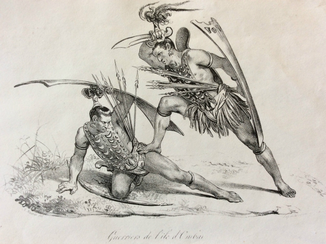 pacifique_indonesie_ile_dombai_guerriers_colonialisme_expedition_gravure_1836
