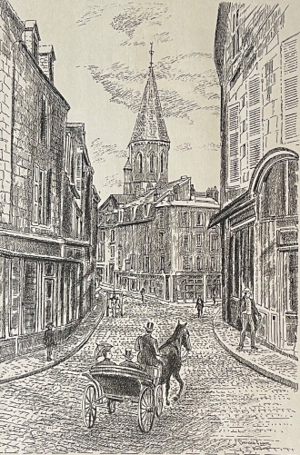 gueret_creuse_la_grande_rue_vers_1900_gravure_yves_ducourtioux_xxe