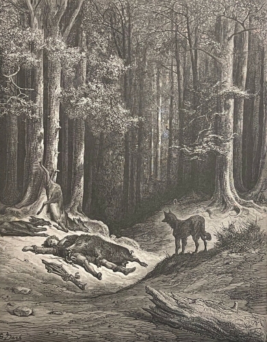 le_loup_et_le_chasseur_gustave_dore_xylographie_fable_la_fontaine_1868