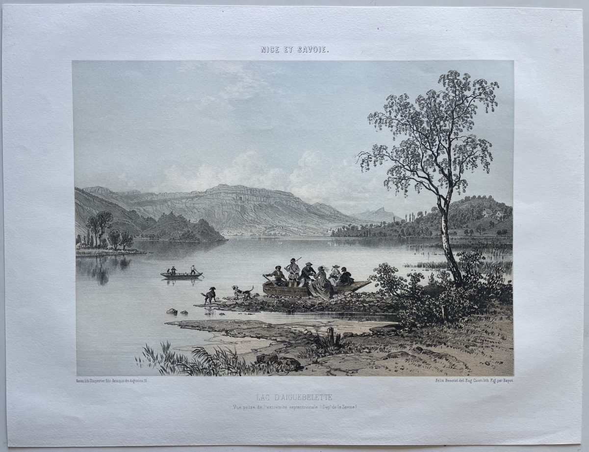 antique_engraving_lake_aiguebelette_france_alps_1864_benoist_scene_savoie
