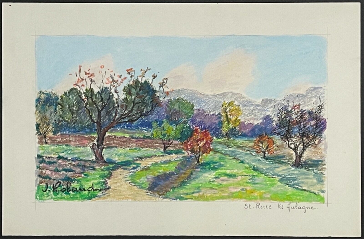 st_pierre_les_aubagne_provence_paysage_pastel_gouache_xxe_signe_j_roland_france