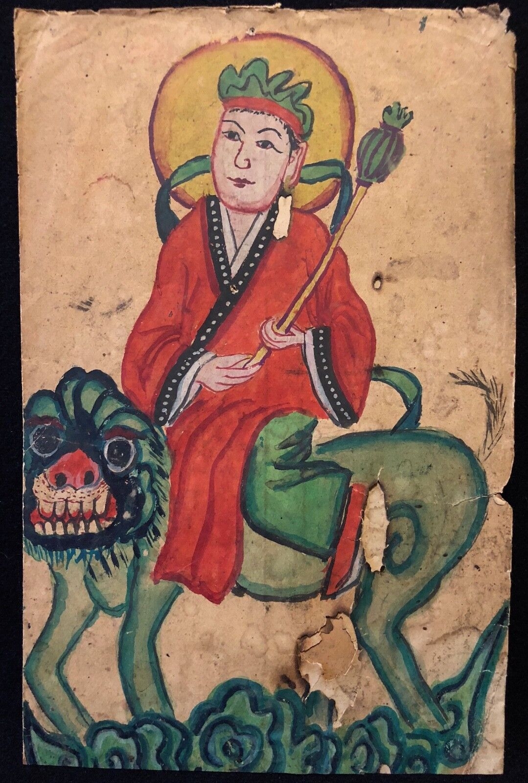 chine_bodhisattva_sur_lion_peinture_sur_papier_tres_ancien_asie