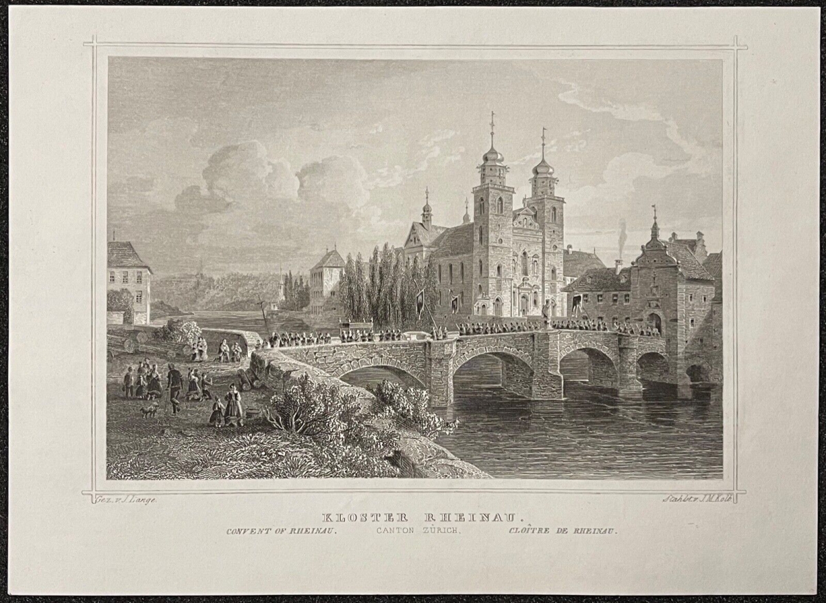 Abbaye de Rheinau Couvent de Rheinau Suisse Pont Rhin gravure 1850