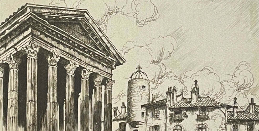 temple_auguste_et_livie_vienne_1930_pointe_seche_maurice_robert_rhone_france