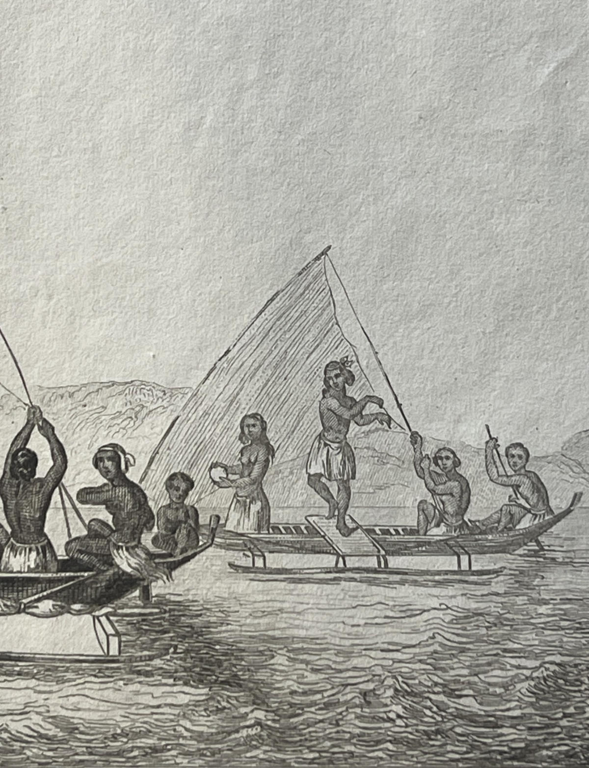 caroline_islands_micronesia_1836_original_antique_engraving_native_sailing_canoe