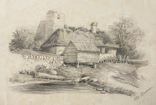 chaumiere_vers_1860_fusain_signe_davin_ferdinand_vers_1860