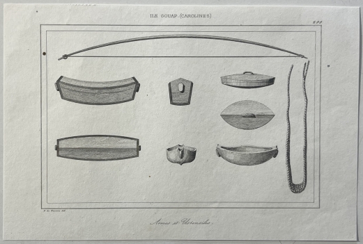 caroline_islands_1836_gouap_original_antique_engraving_native_weapons_&_utensils