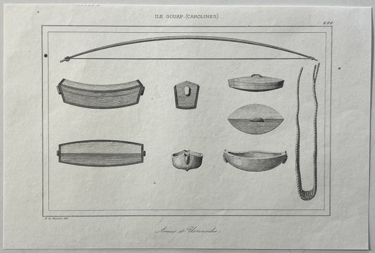 caroline_islands_1836_gouap_original_antique_engraving_native_weapons_&_utensils