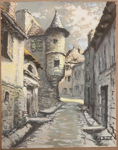 tourelle_en_encorbellement_architecture_medievale_gouache_e_j_batut_xxe_france
