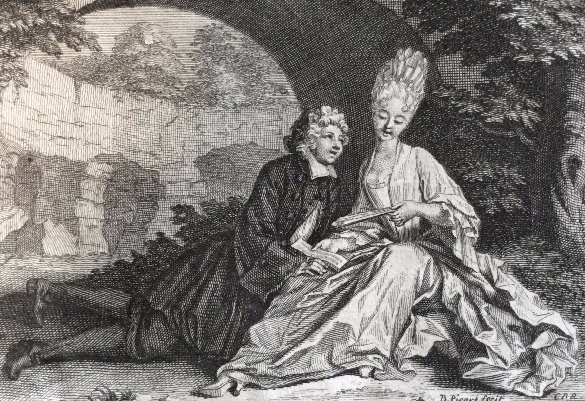 paysage_couple_assis_eventail,_miniature_bernard_picart_estampe_xviii_e