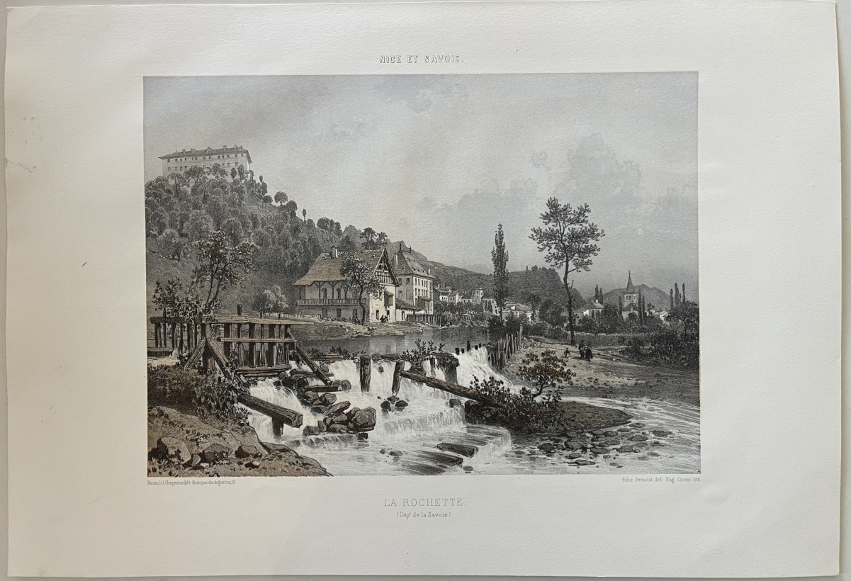 la_rochette_france_antique_lithograph_1864_benoist_savoy_river_view_savoie