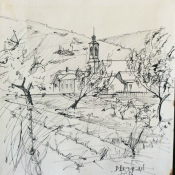 encre__paysage_village_provencal__signature_a_identifier,_aout_66_france_