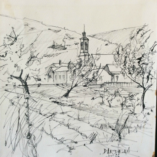 encre__paysage_village_provencal__signature_a_identifier,_aout_66_france_