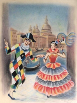 superbe_et_grand_pastel_venise_carnaval_italie_italia