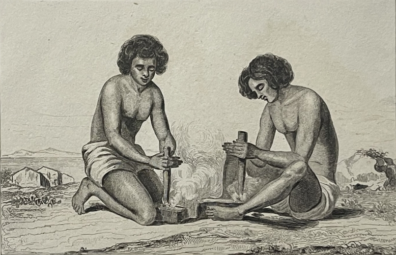 veguiou_island_fire_making_print_1836_dumont_durville_pacific_oceania_veguiou