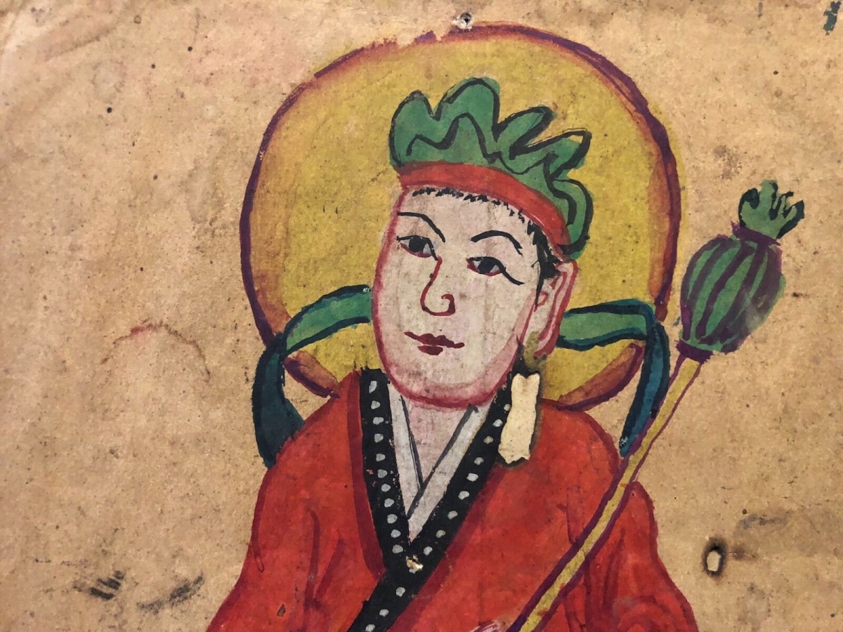 chine_bodhisattva_sur_lion_peinture_sur_papier_tres_ancien_asie