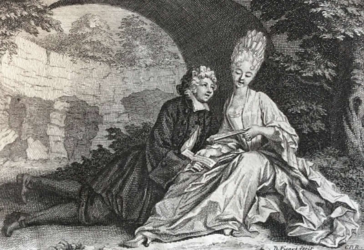 paysage_couple_assis_eventail,_miniature_bernard_picart_estampe_xviii_e