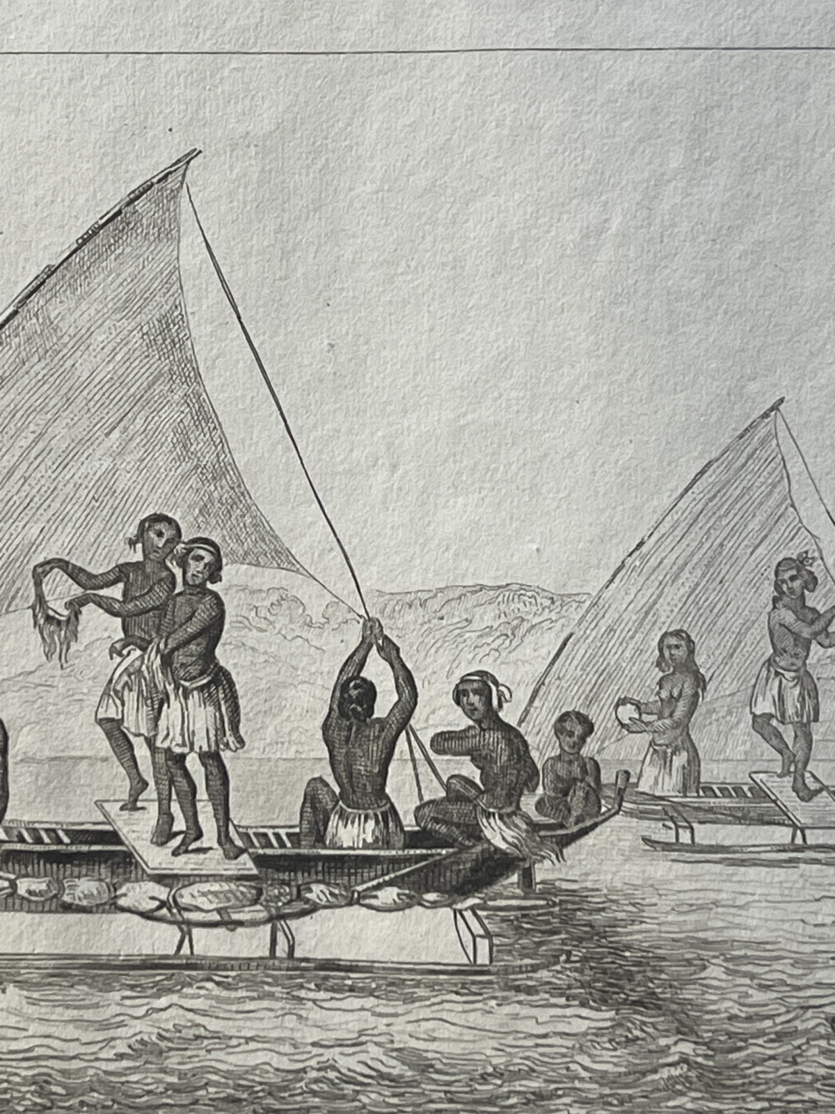 caroline_islands_micronesia_1836_original_antique_engraving_native_sailing_canoe