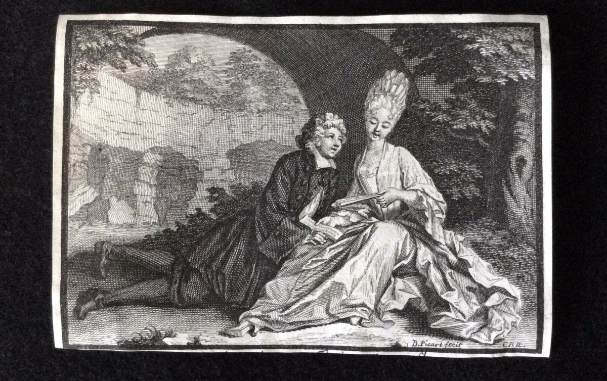 paysage_couple_assis_eventail,_miniature_bernard_picart_estampe_xviii_e