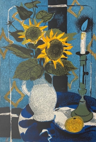lithographie_nature_morte_aux_tournesols_bougie_et_pichet_signee