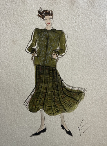 mode_nicole_pibeaut_aquarelle_silhouette_feminine_au_tailleur_vert_c_1980_france