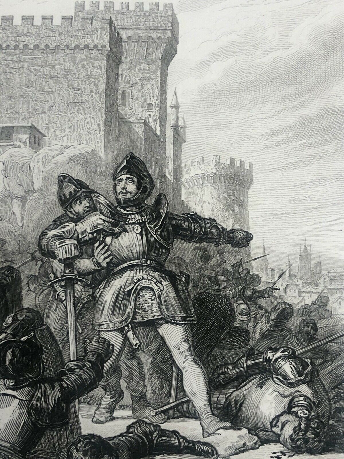 bayard_chevalier_pierre_du_terrail_blesse_a_brescia_1524_italie_gravure_1840