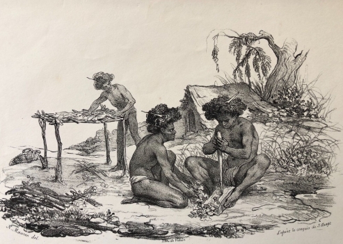melanaisie_papouasie_nouvelle-guinee_ile_waiggiou_papous_faisant_du_feu_1836